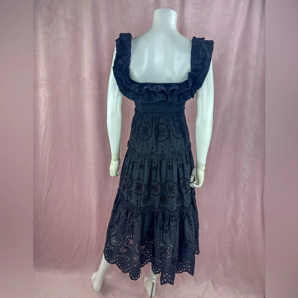 Zara Womens 100% Cotton Black Floral Eyelet Maxi Dress Size XS Off The Shoulder - Picture 4 of 8